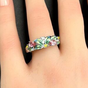 925 Sterling Silver with Citrine Sapphire Diamond Crystal and Leaf Ring Size 9.5